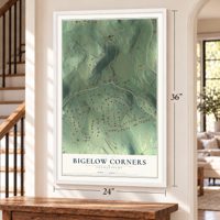 Bigelow Corners, Connecticut map, 24 x 36 inch print in a white frame by a staircase
