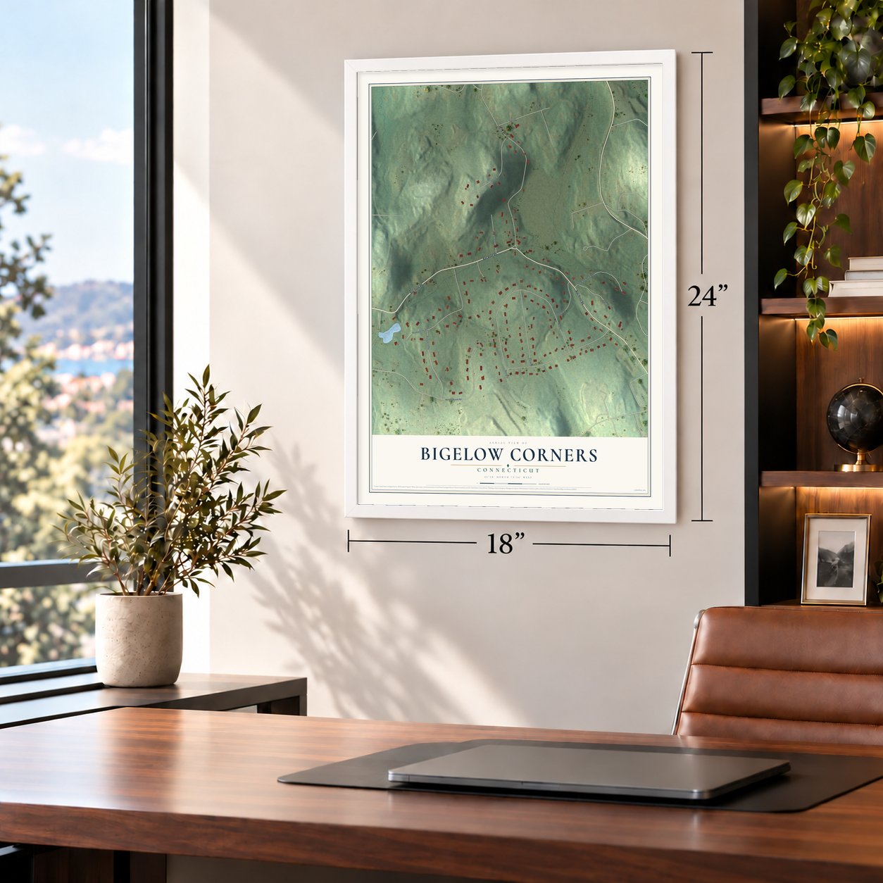 Bigelow Corners, Connecticut map, 18 x 24 inch print in a white frame in a home office