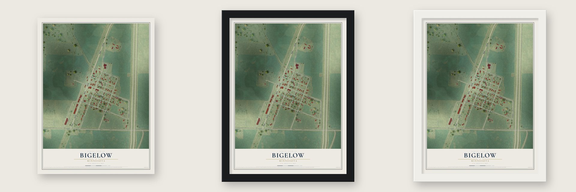 Bigelow, Minnesota map unframed, in a black wood frame and in a white wood frame