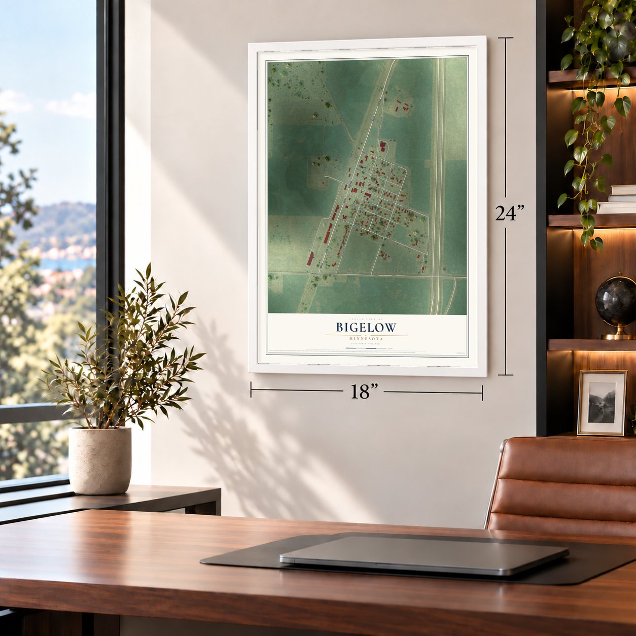 Bigelow, Minnesota map, 18 x 24 inch print in a white frame in a home office