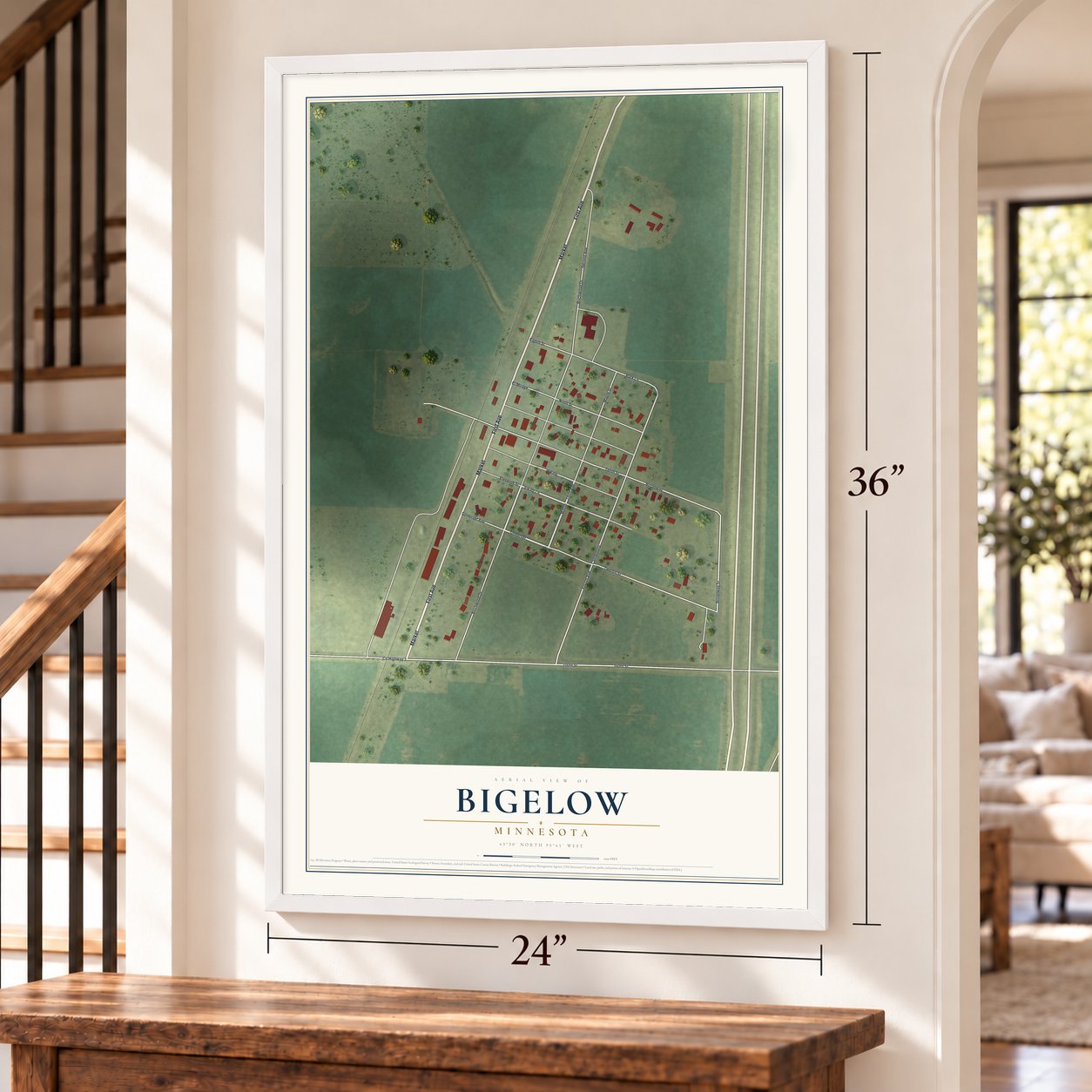 Bigelow, Minnesota map, 24 x 36 inch print in a white frame by a staircase