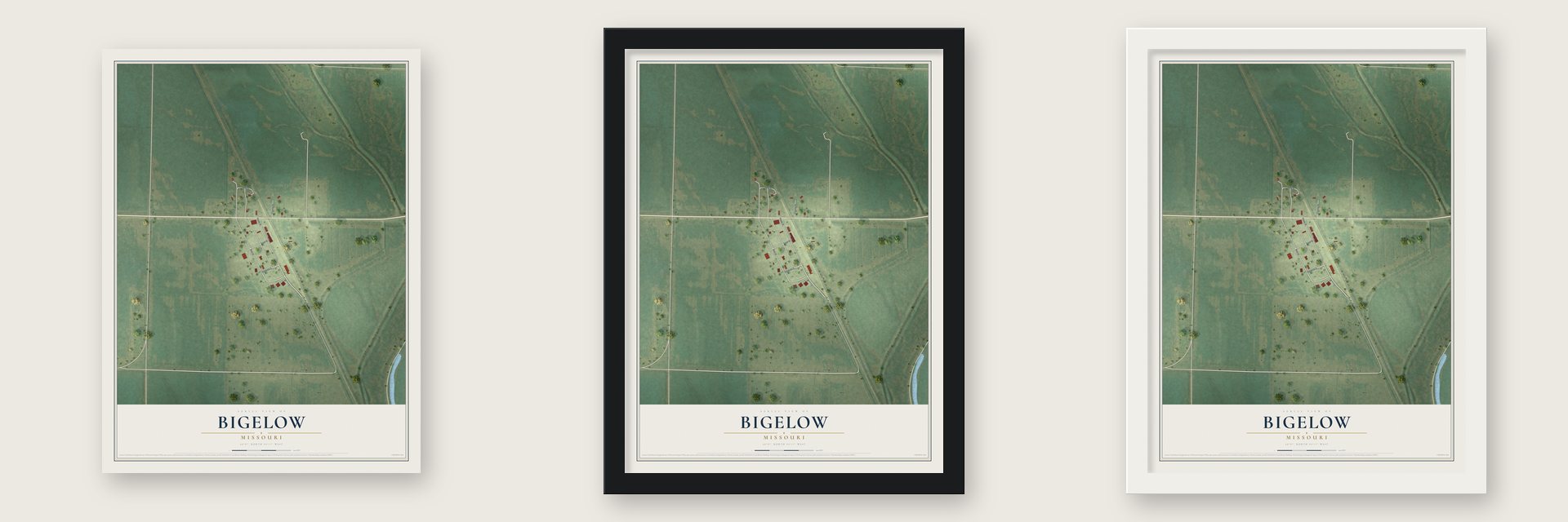 Bigelow, Missouri map unframed, in a black wood frame and in a white wood frame