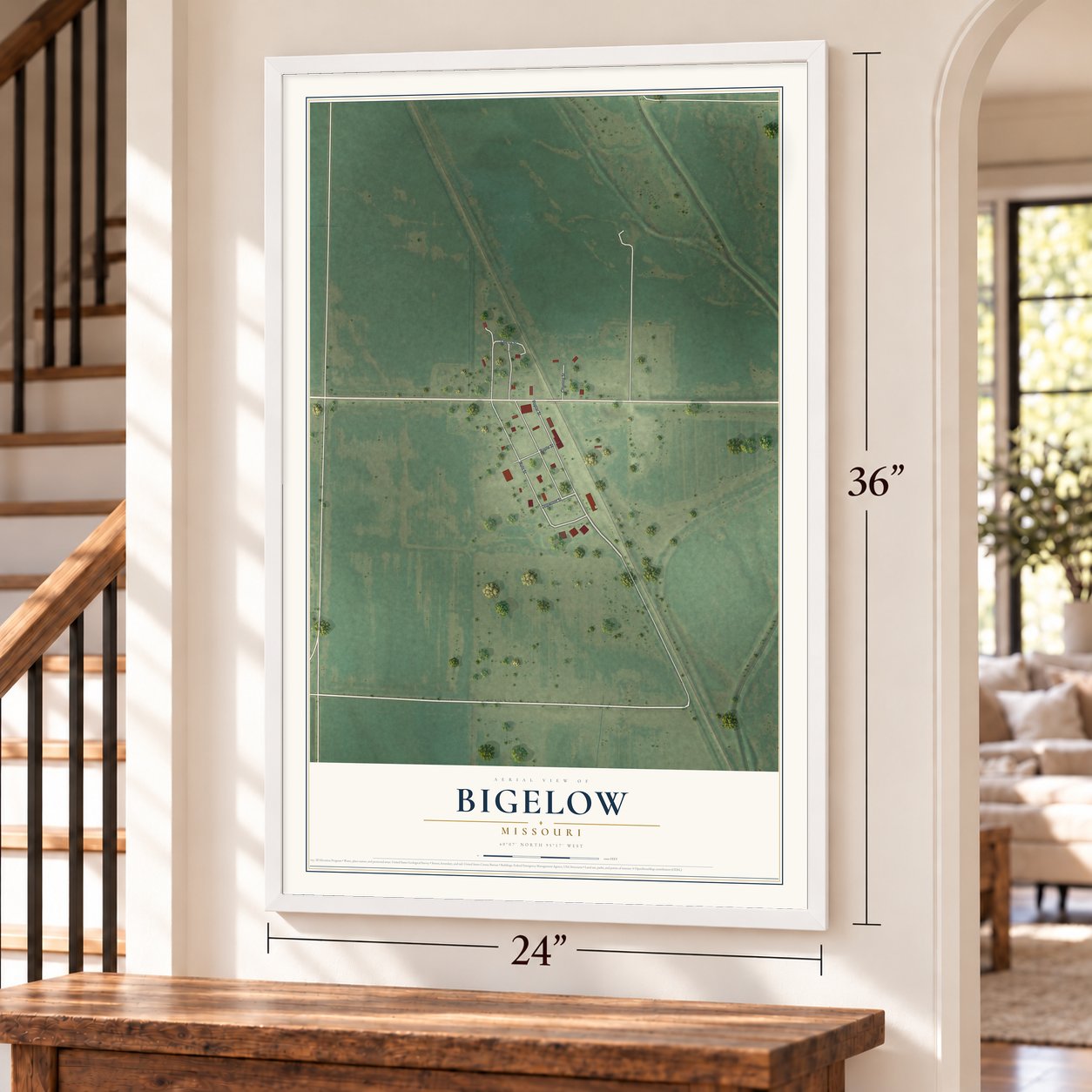 Bigelow, Missouri map, 24 x 36 inch print in a white frame by a staircase