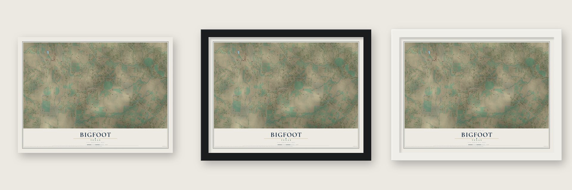 Bigfoot, Texas map unframed, in a black wood frame and in a white wood frame
