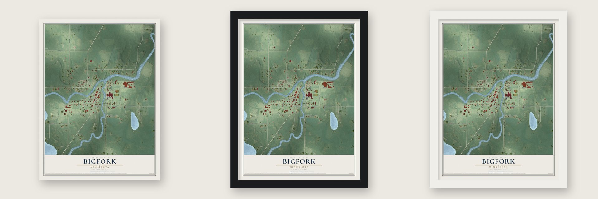 Bigfork, Minnesota map unframed, in a black wood frame and in a white wood frame