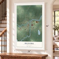 Bigfork, Minnesota map, 24 x 36 inch print in a white frame by a staircase