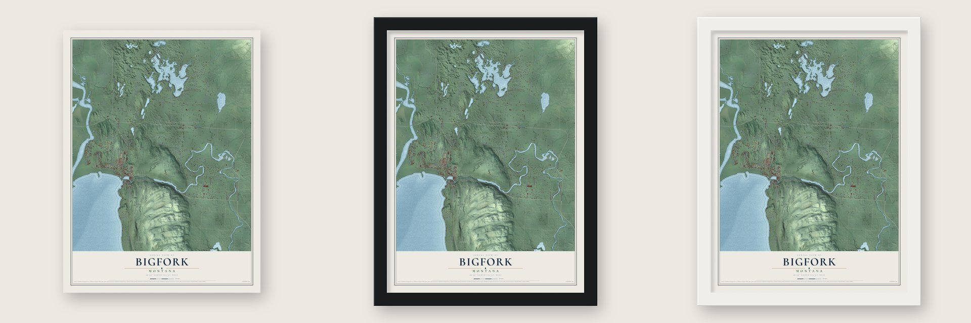 Bigfork, Montana map unframed, in a black wood frame and in a white wood frame