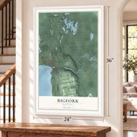 Bigfork, Montana map, 24 x 36 inch print in a white frame by a staircase