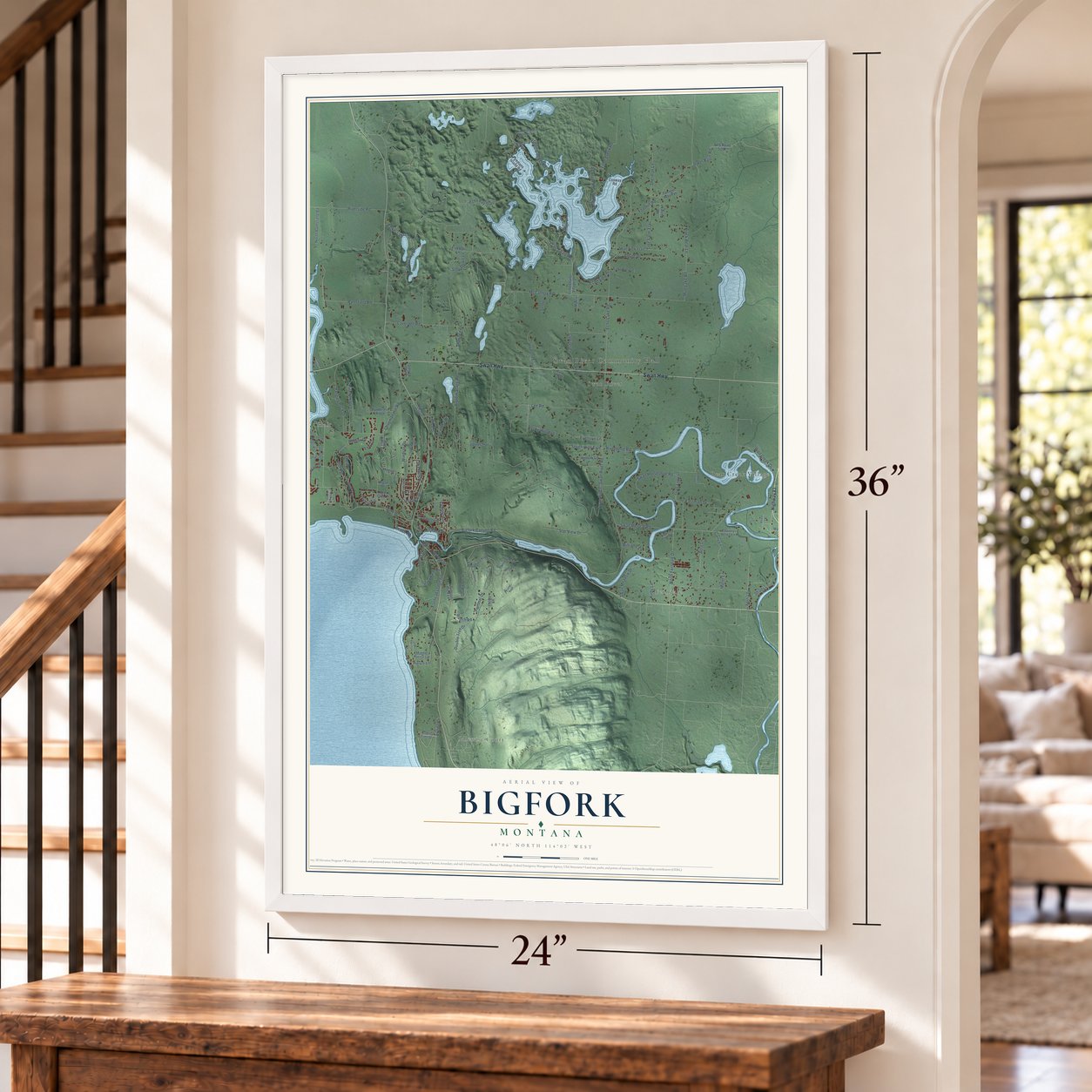 Bigfork, Montana map, 24 x 36 inch print in a white frame by a staircase