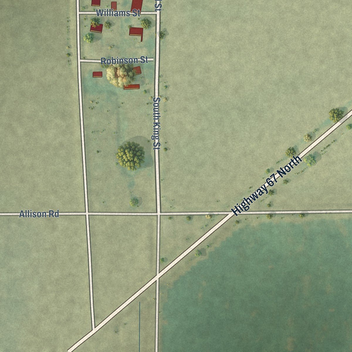 Second close-up of the map of Biggers, Arkansas print showing more streets and buildings