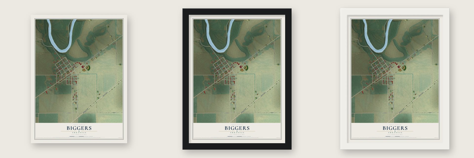 Biggers, Arkansas map unframed, in a black wood frame and in a white wood frame