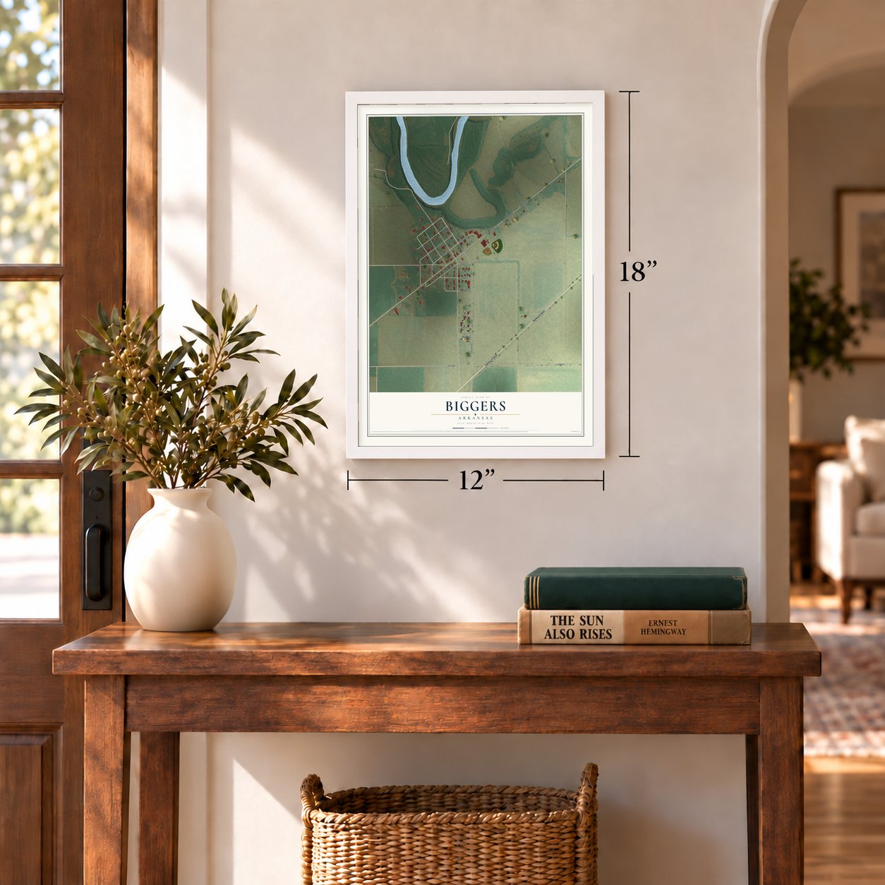 Biggers, Arkansas map, 12 x 18 inch print in a white frame in an entryway