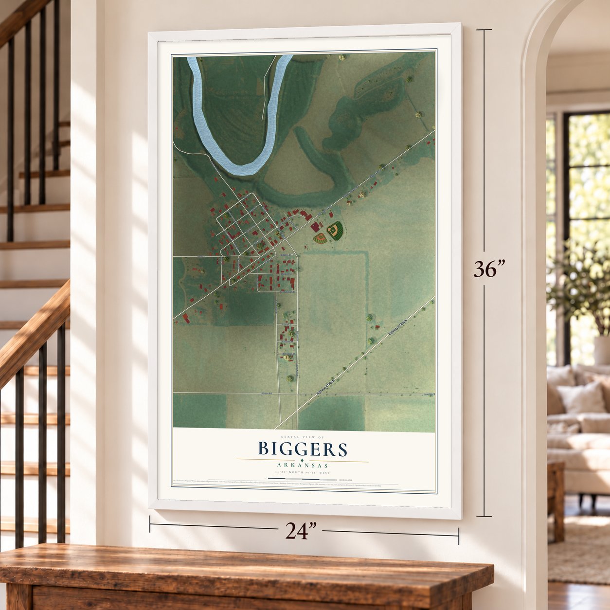 Biggers, Arkansas map, 24 x 36 inch print in a white frame by a staircase
