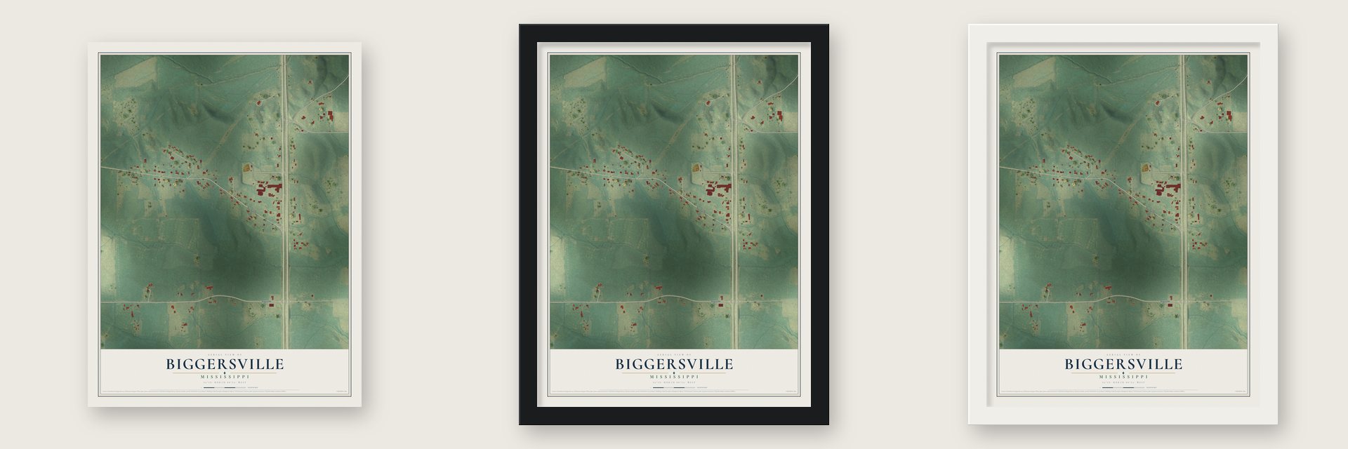 Biggersville, Mississippi map unframed, in a black wood frame and in a white wood frame
