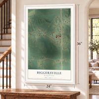 Biggersville, Mississippi map, 24 x 36 inch print in a white frame by a staircase