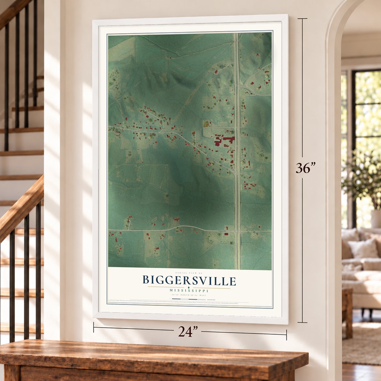 Biggersville, Mississippi map, 24 x 36 inch print in a white frame by a staircase