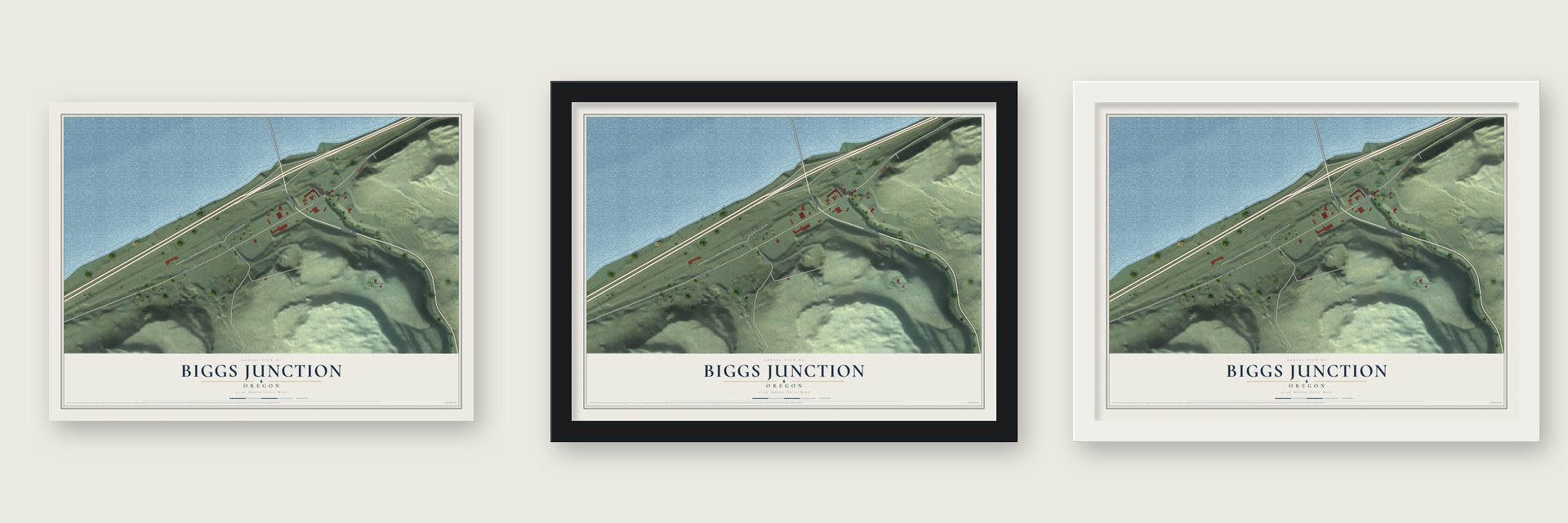Biggs Junction, Oregon map unframed, in a black wood frame and in a white wood frame