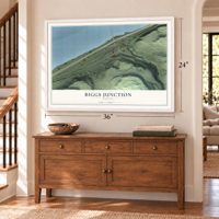 Biggs Junction, Oregon map, 24 x 36 inch print in a white frame above a dresser by a staircase