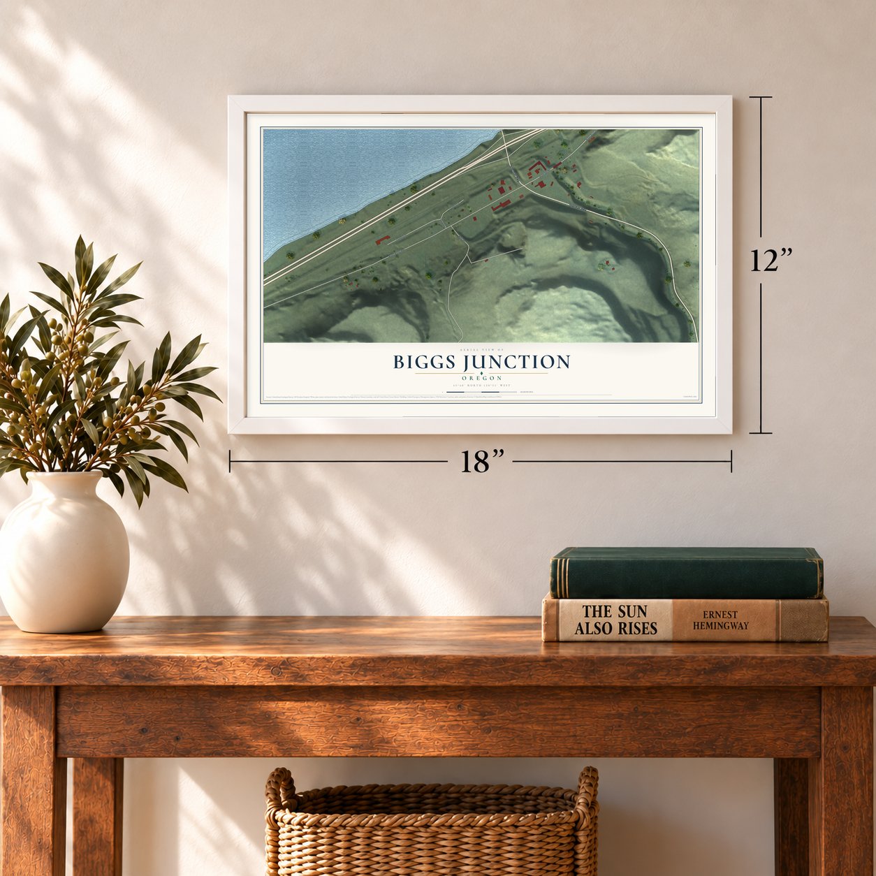 Biggs Junction, Oregon map, 12 x 18 inch print in a white frame in an entryway
