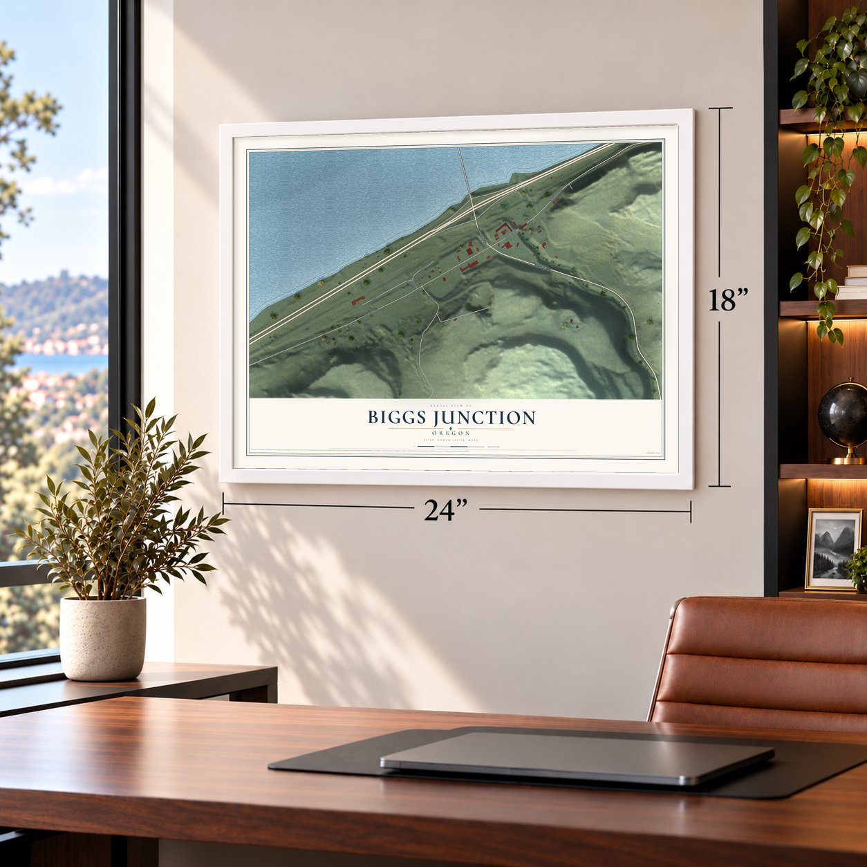 Biggs Junction, Oregon map, 18 x 24 inch print in a white frame in a home office