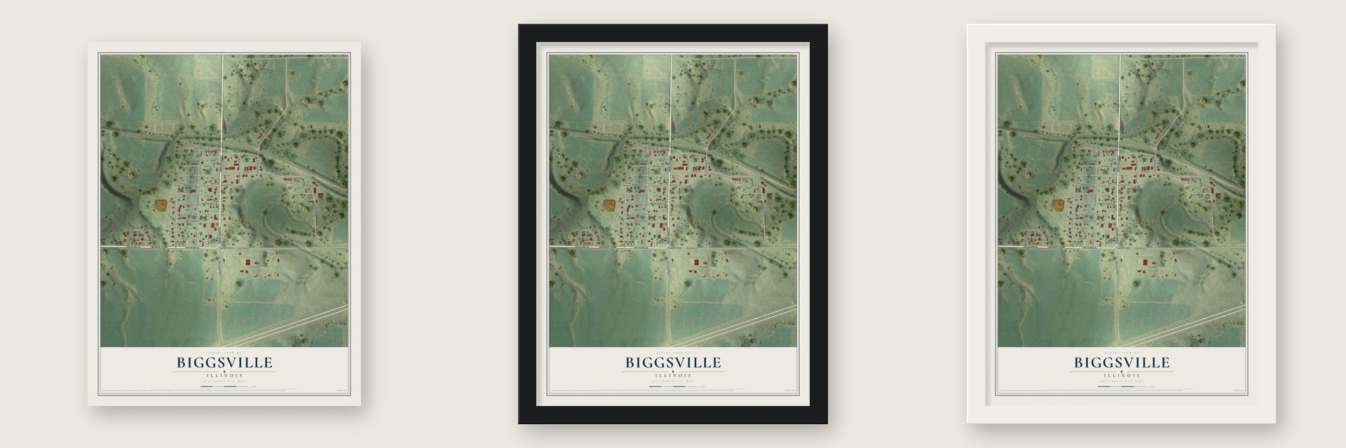 Biggsville, Illinois map unframed, in a black wood frame and in a white wood frame