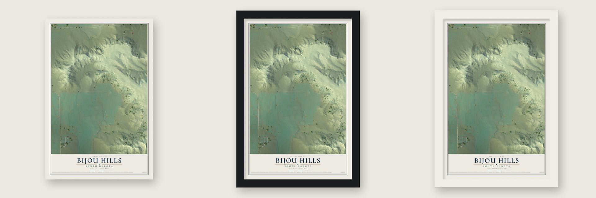 Bijou Hills, South Dakota map unframed, in a black wood frame and in a white wood frame