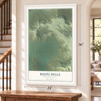 Bijou Hills, South Dakota map, 24 x 36 inch print in a white frame by a staircase
