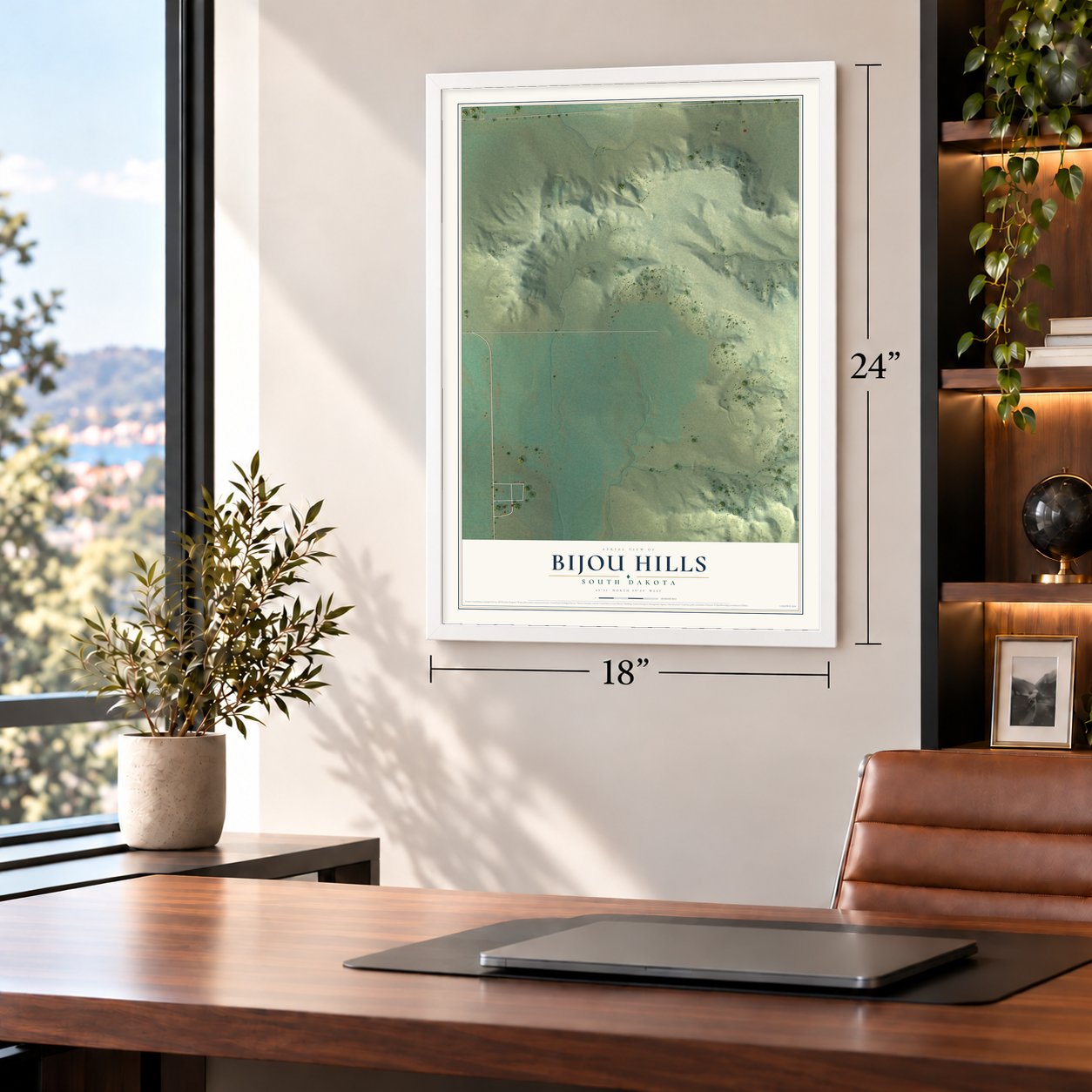 Bijou Hills, South Dakota map, 18 x 24 inch print in a white frame in a home office