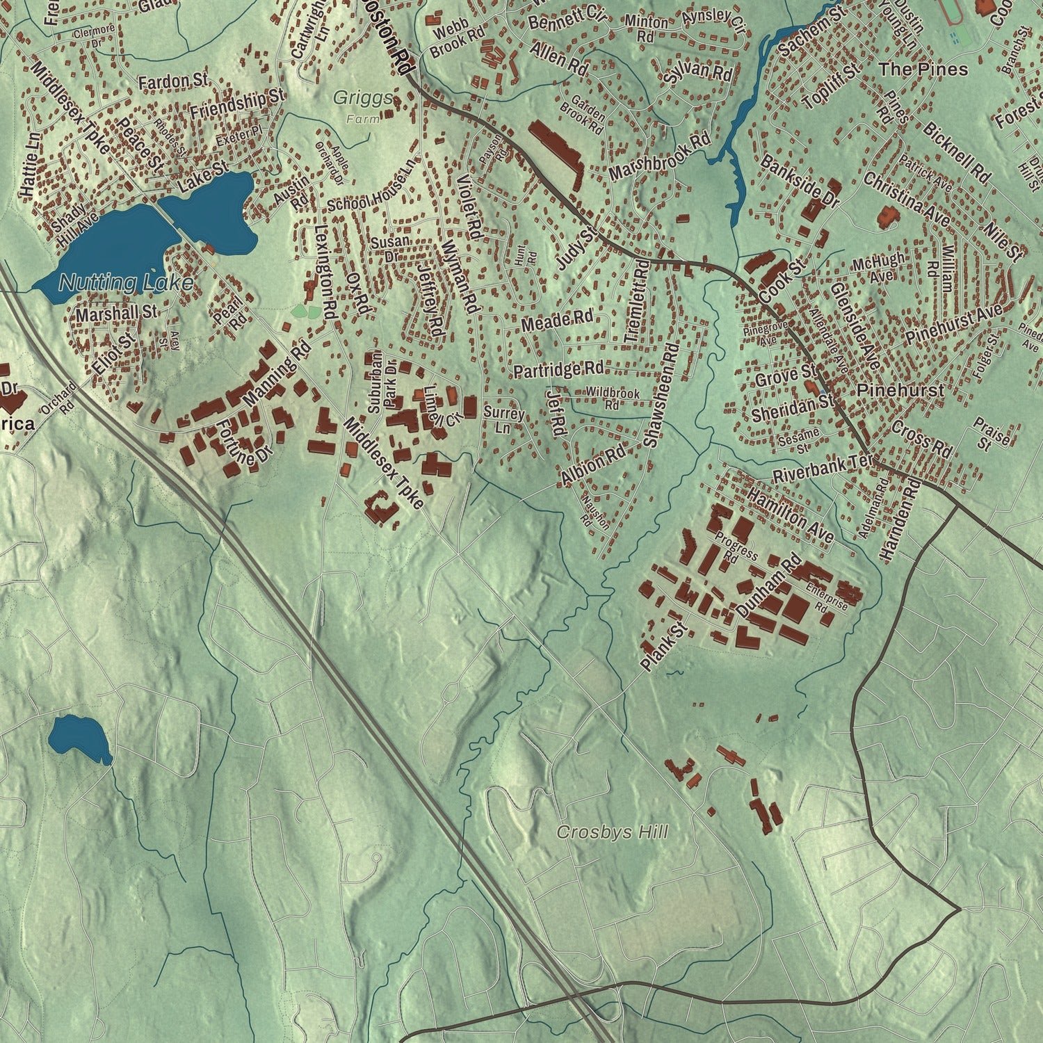 Close-up of the map of Billerica, Massachusetts print showing terrain and local geography