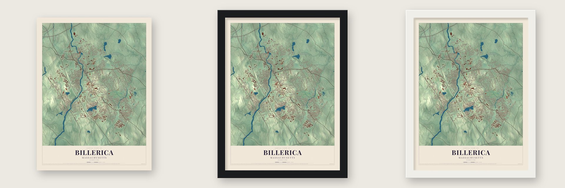 Billerica, Massachusetts map unframed, in a black wood frame and in a white wood frame