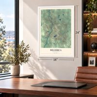 Billerica, Massachusetts map, 18 x 24 inch print in a white frame in a home office