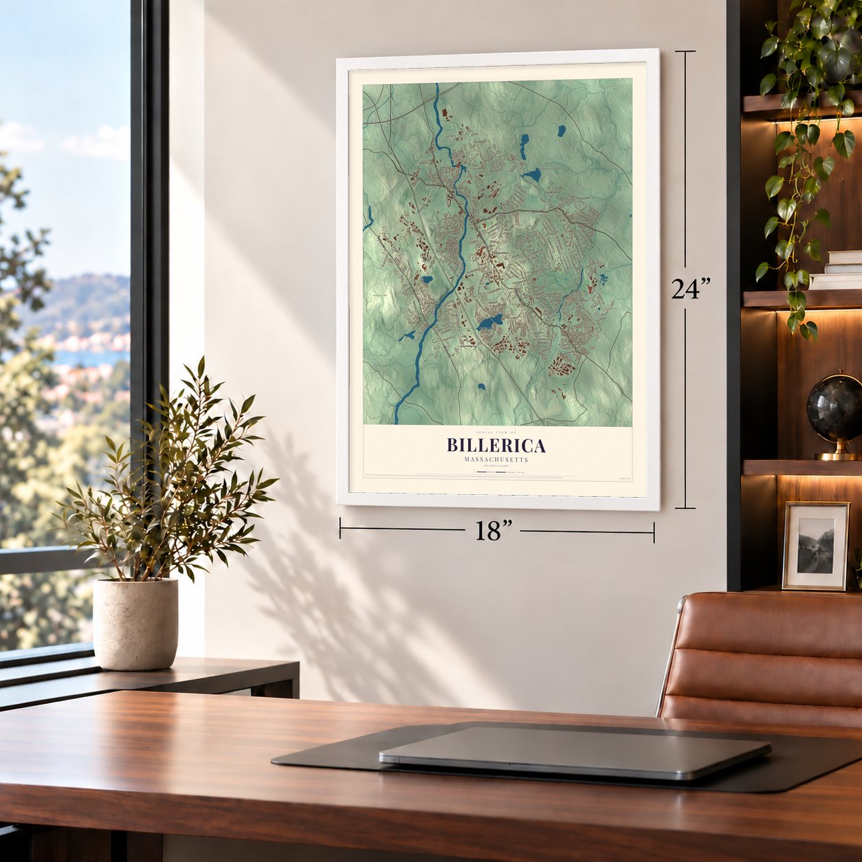 Billerica, Massachusetts map, 18 x 24 inch print in a white frame in a home office