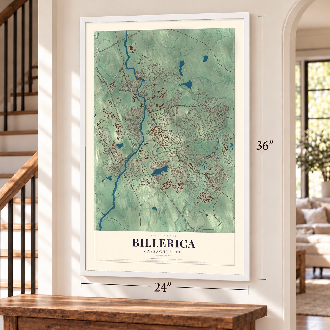 Billerica, Massachusetts map, 24 x 36 inch print in a white frame by a staircase