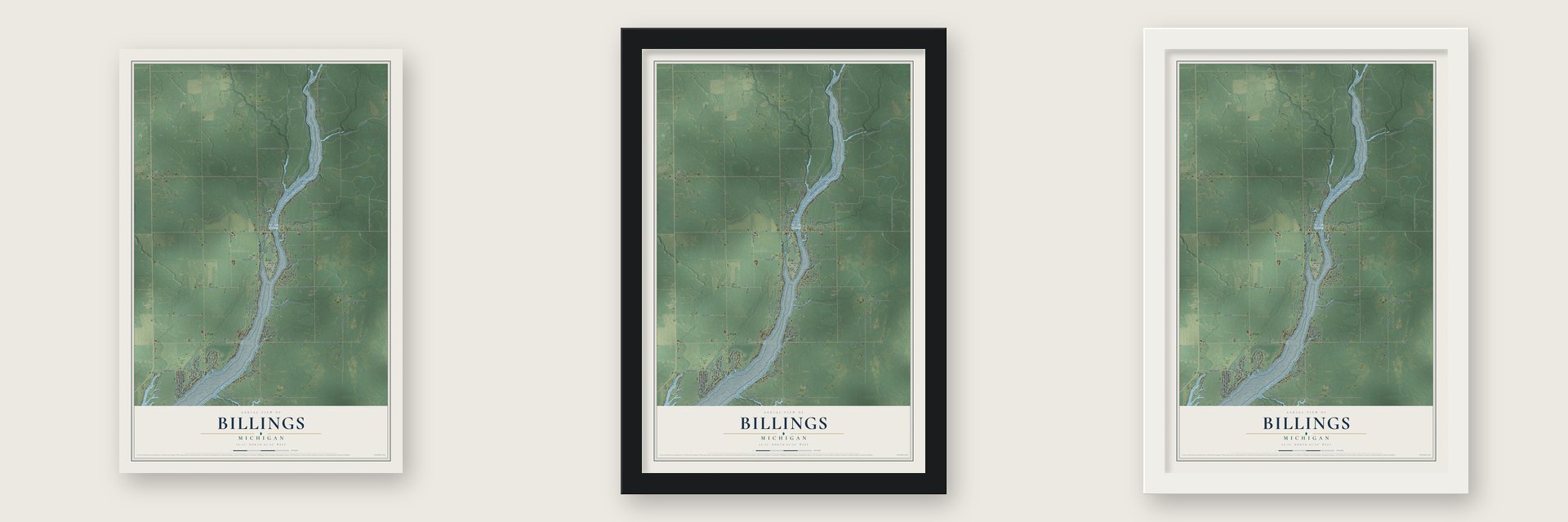 Billings, Michigan map unframed, in a black wood frame and in a white wood frame
