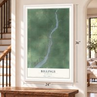 Billings, Michigan map, 24 x 36 inch print in a white frame by a staircase
