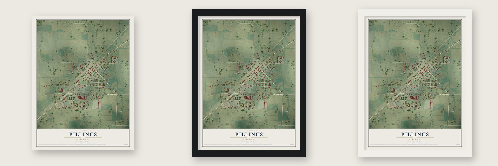 Billings, Missouri map unframed, in a black wood frame and in a white wood frame