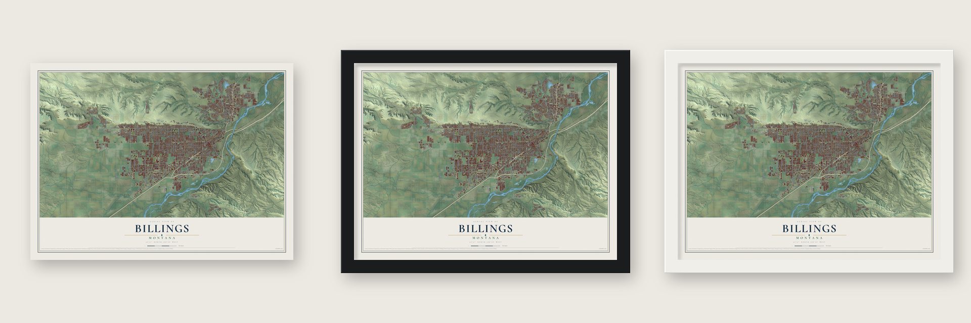 Billings, Montana map unframed, in a black wood frame and in a white wood frame