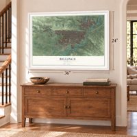Billings, Montana map, 24 x 36 inch print in a white frame above a dresser by a staircase