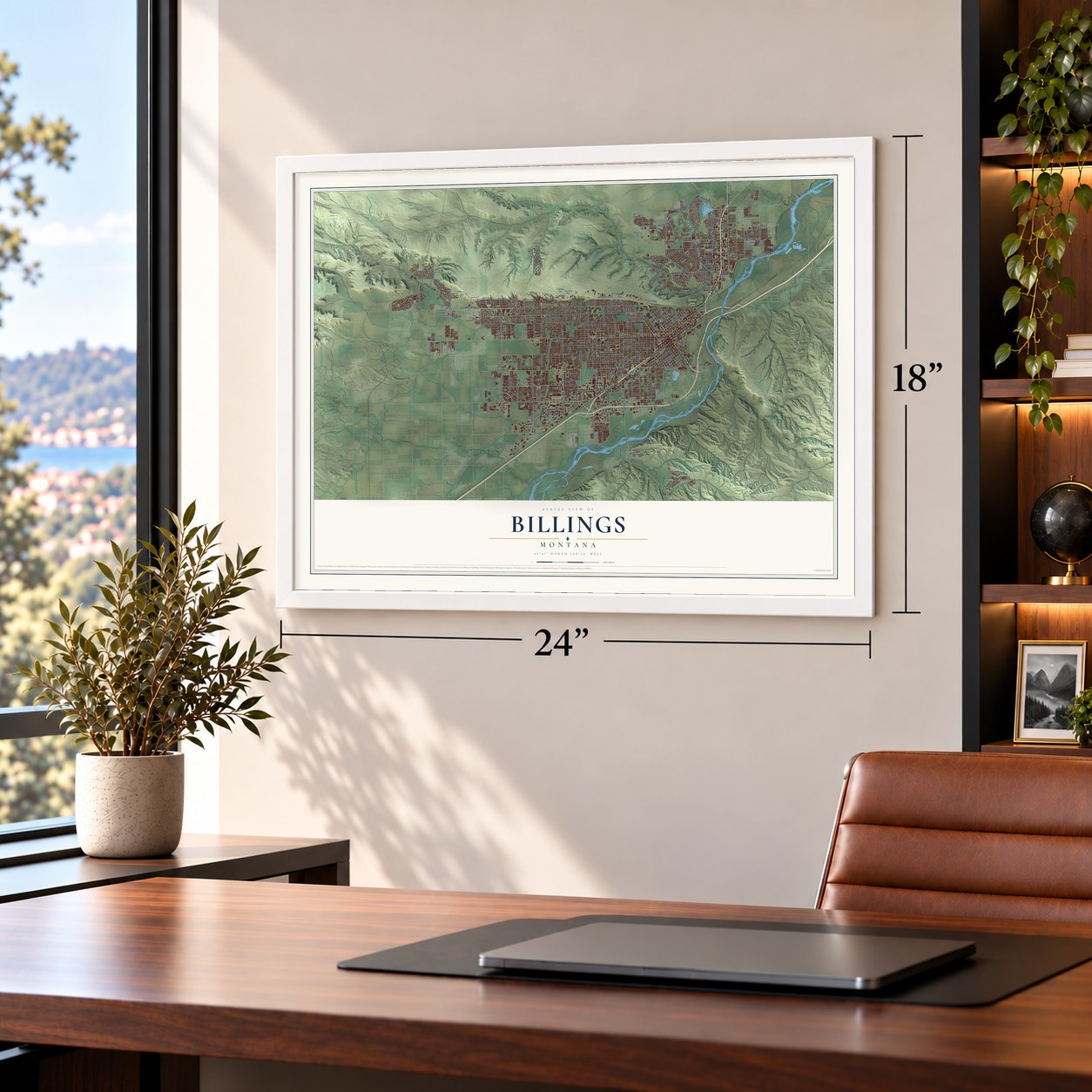 Billings, Montana map, 18 x 24 inch print in a white frame in a home office