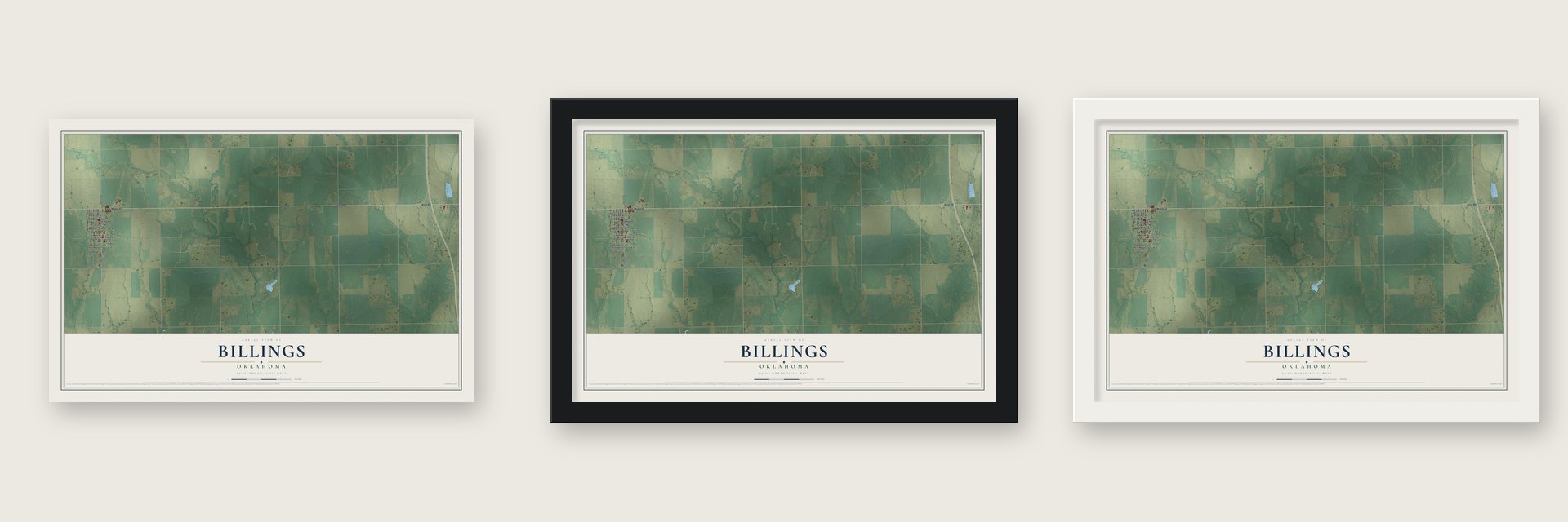 Billings, Oklahoma map unframed, in a black wood frame and in a white wood frame