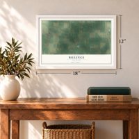 Billings, Oklahoma map, 12 x 18 inch print in a white frame in an entryway