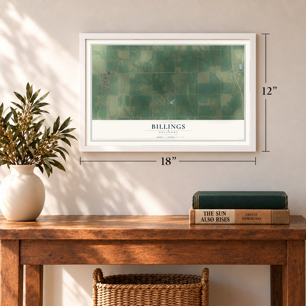 Billings, Oklahoma map, 12 x 18 inch print in a white frame in an entryway