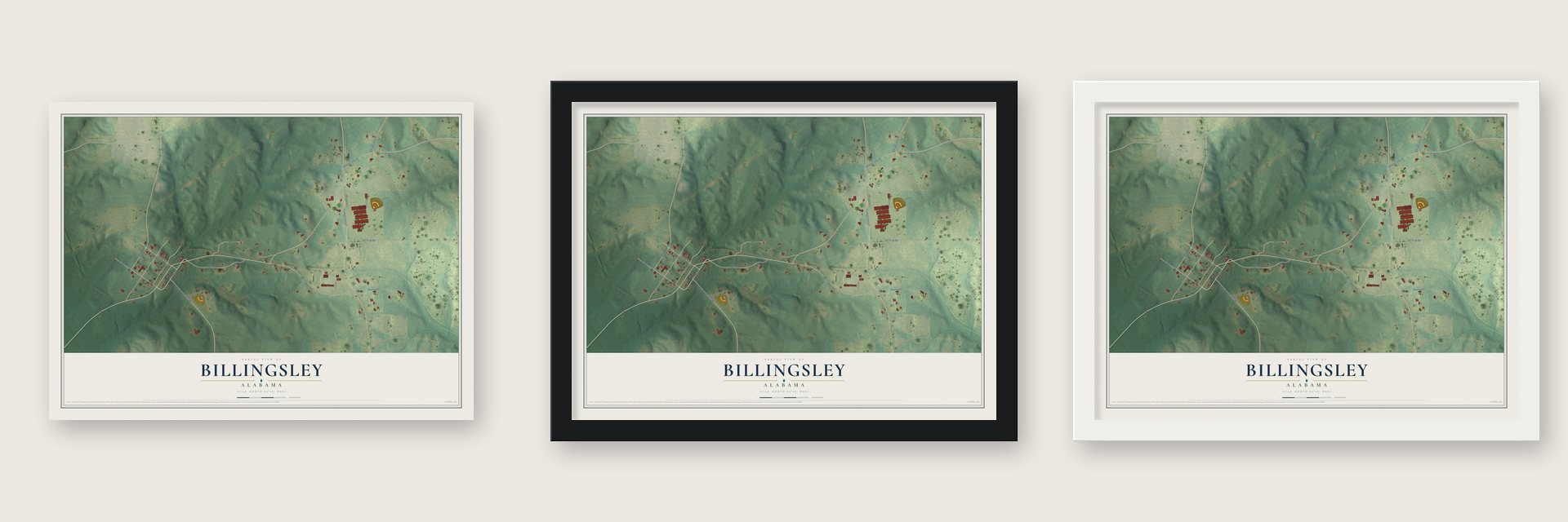 Billingsley, Alabama map unframed, in a black wood frame and in a white wood frame