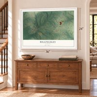 Billingsley, Alabama map, 24 x 36 inch print in a white frame above a dresser by a staircase