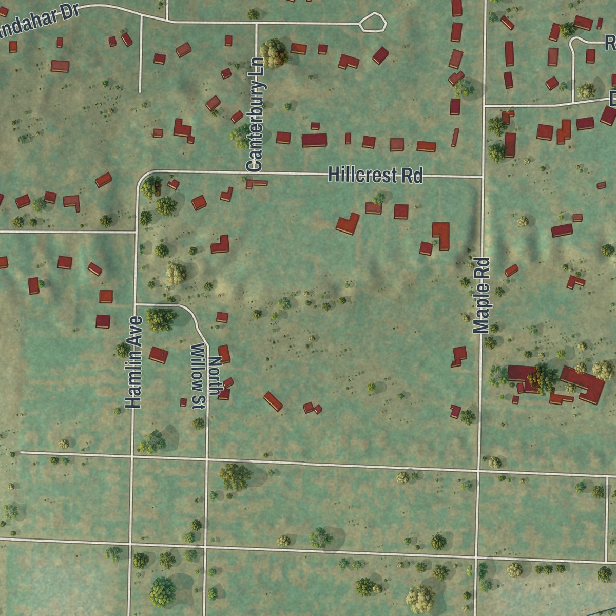 Second close-up of the map of Billington Heights, New York print showing more streets and buildings