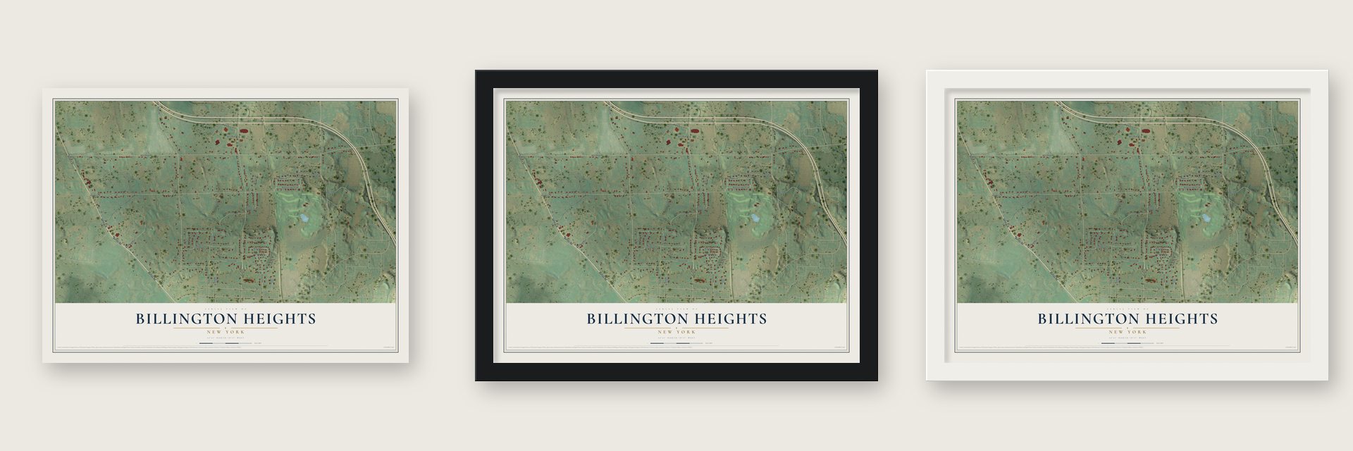 Billington Heights, New York map unframed, in a black wood frame and in a white wood frame