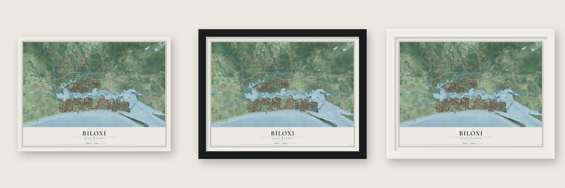 Biloxi, Mississippi map unframed, in a black wood frame and in a white wood frame