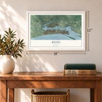 Biloxi, Mississippi map, 12 x 18 inch print in a white frame in an entryway
