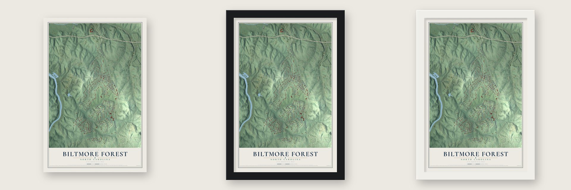 Biltmore Forest, North Carolina map unframed, in a black wood frame and in a white wood frame