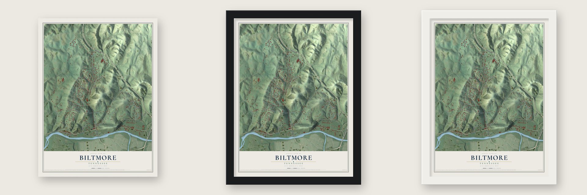 Biltmore, Tennessee map unframed, in a black wood frame and in a white wood frame